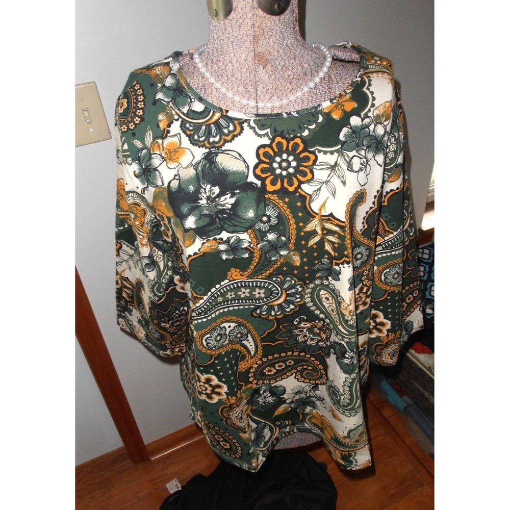 QVC D & Co. Denim & Co. Green & Yellow Print 3/4 Sleeve Cotton /Spandex  Top  1X